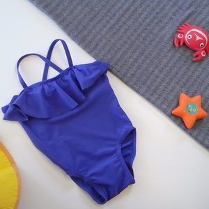 Purple Tank Style Swimsuit with Ruffled Collar and Cross Back Straps